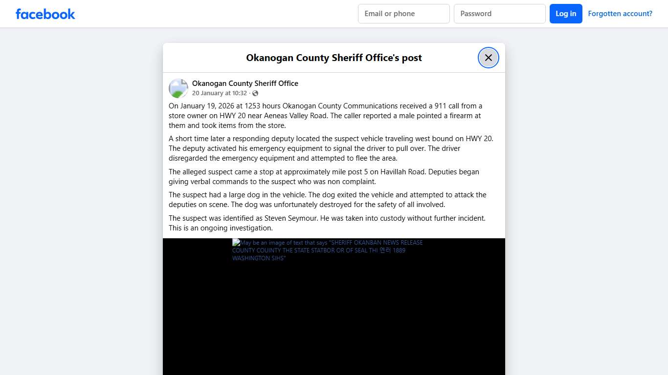 On January 19, 2026 at... - Okanogan County Sheriff Office Facebook